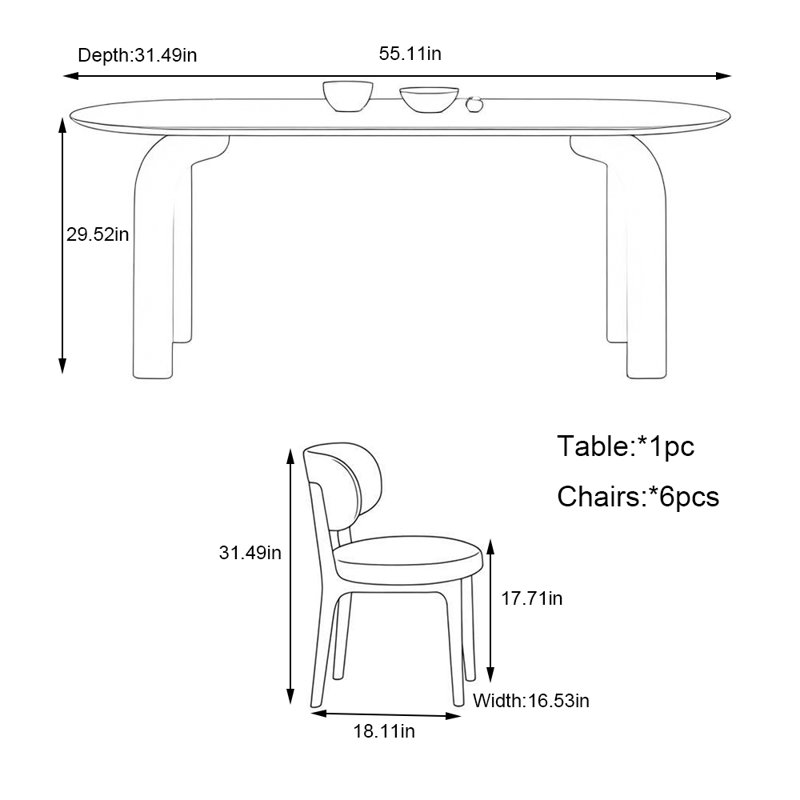 Table et chaises ovales simples et luxueuses, H 29,52 po x L 55,11 po x l 31,49 po