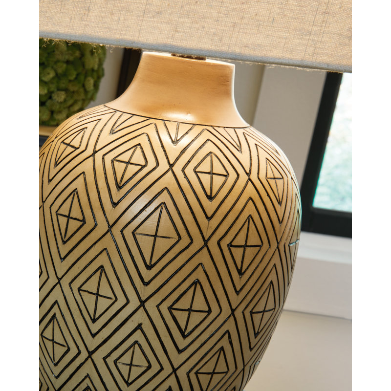 Beige and Black Polyresin Table Lamp Set with Drum Shade