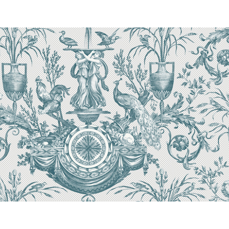 Avian Fountain Toile Wallpaper Roll, Jade