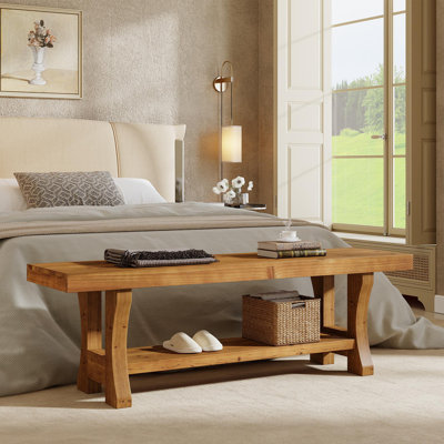55" Solid Wood Entryway Bench, 2-Tier Long End of Bed Bench