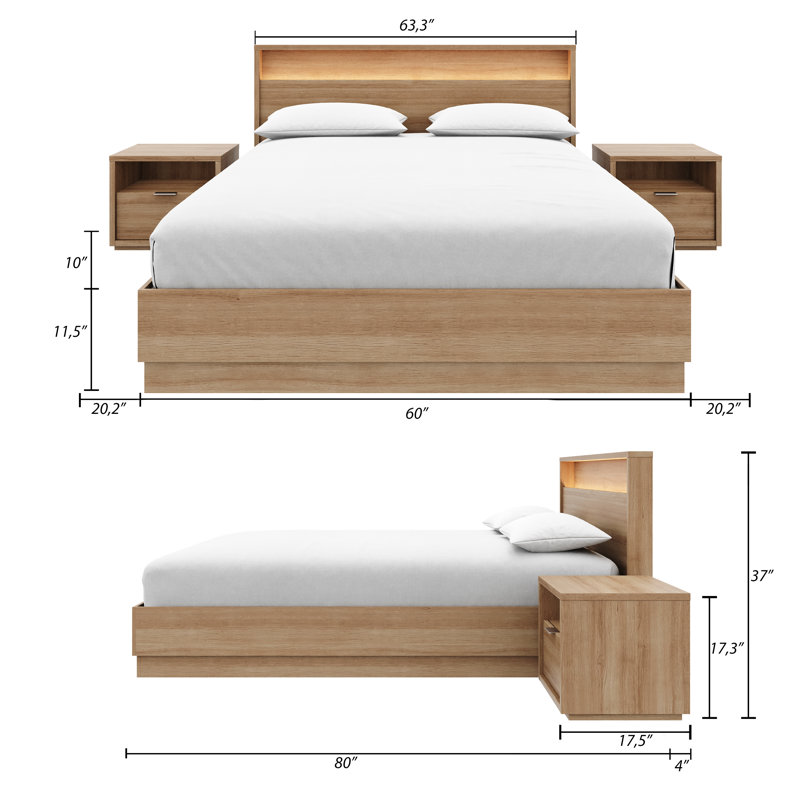 Ensemble de chambre avec grand lit 4 pièces et tête de lit avec éclairage intégré Decoteau, Brun