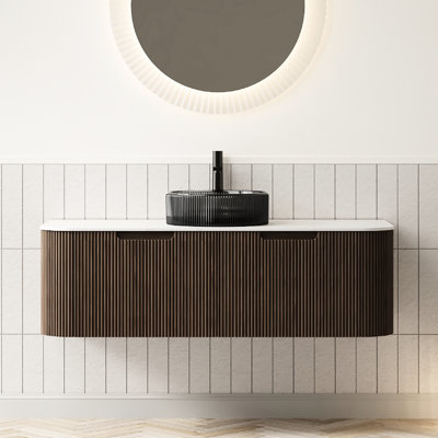 Meuble-lavabo de 122 cm (48 po) avec lavabo en verre noir transparent, bords arrondis, fini noyer foncé, lavabo préassemblé de 122 cm (48 po), 2 tiroirs ronds, grand espace de rangement, glissières de tiroir à fermeture douce