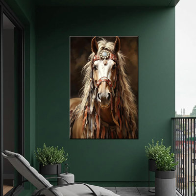 War Horse Painting On Canvas, Native American Wall Decor, Native Indian Wall Art, Warrior Artwork, Ready To Hang (Framed,20 * 30Inch)