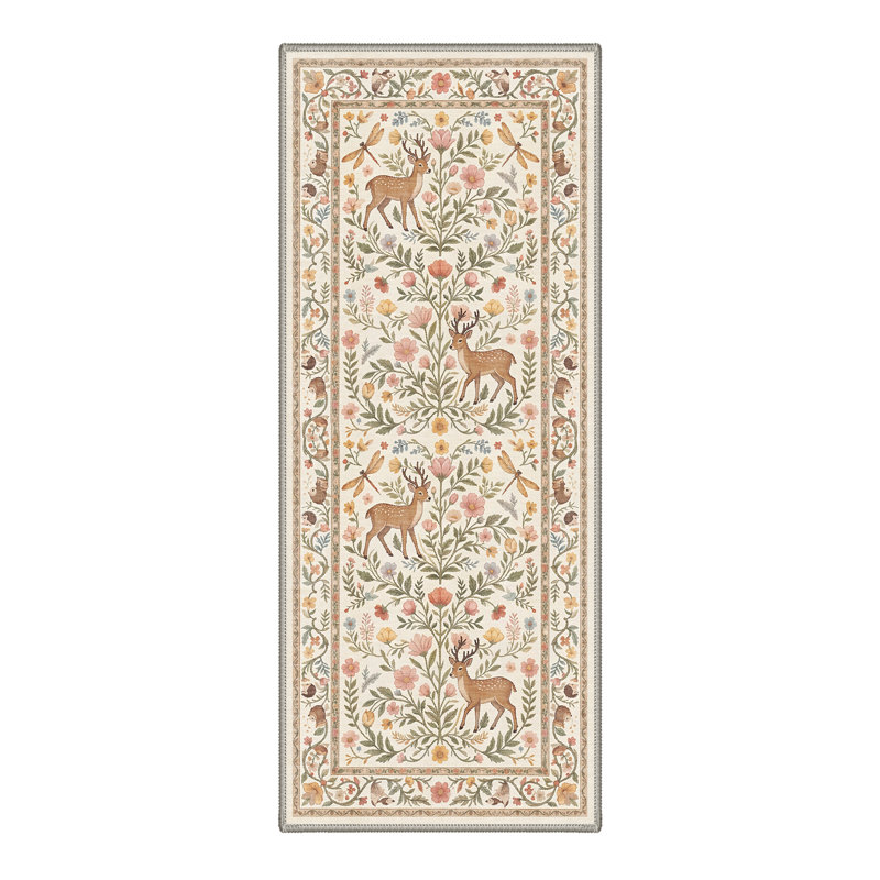 Fawnwood Floral Machine Washable Beige / Green Indoor Area Rug with Non-Slip Backing, Runner 2' x 6'