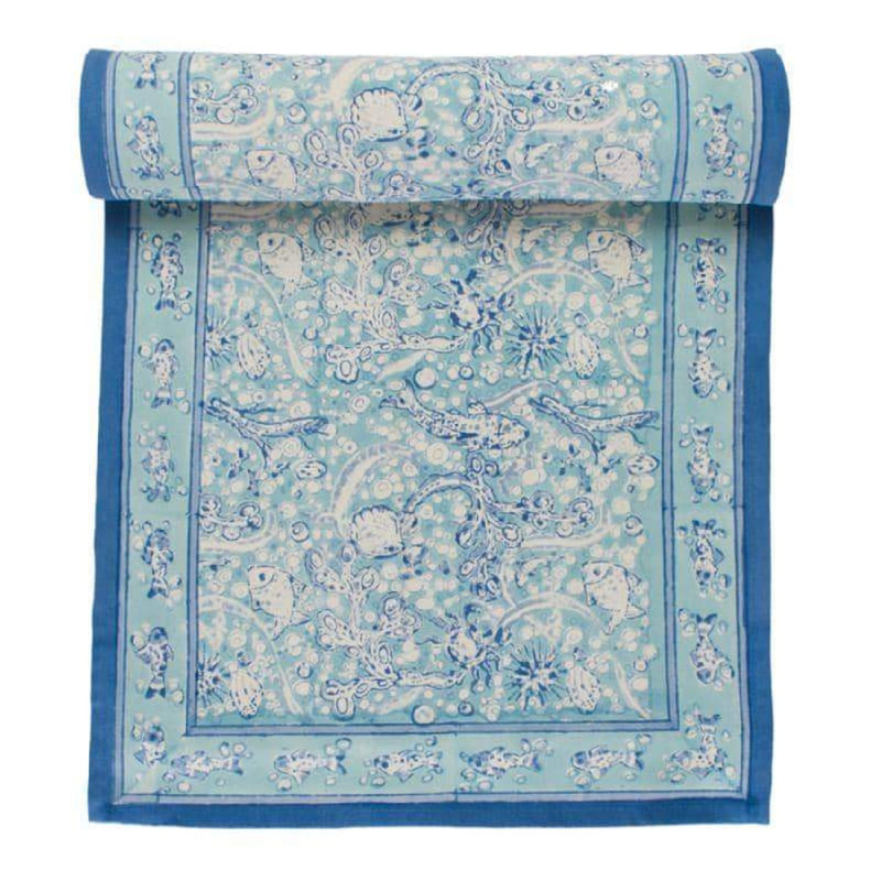 La Mer Handmade Floral Table Runnner, 90" L x 16" W, Aqua