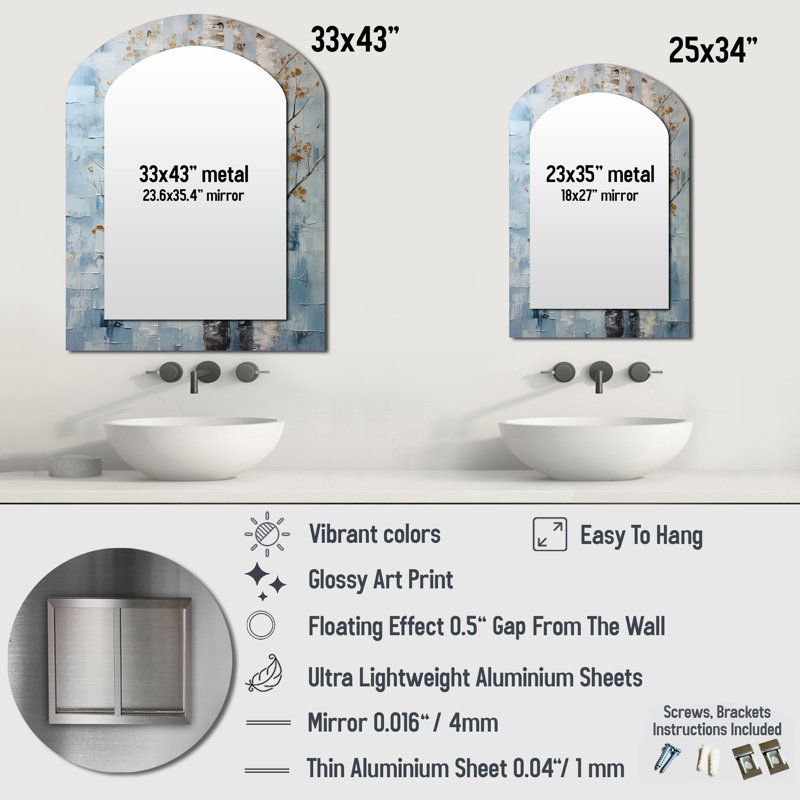 Silver Blue Tree Birchs Breath I - Birch Asymmetrical Unique Wall Mirror, Traditional Arch Mirror, Printed Metal Art
