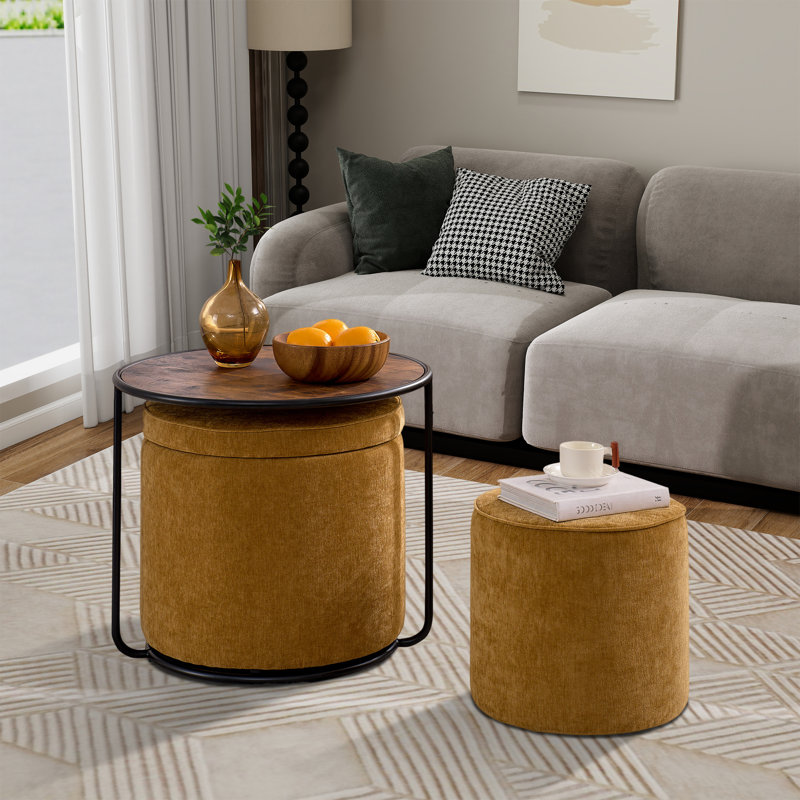 Table basse avec rangement et 2 repose-pieds, Bleu