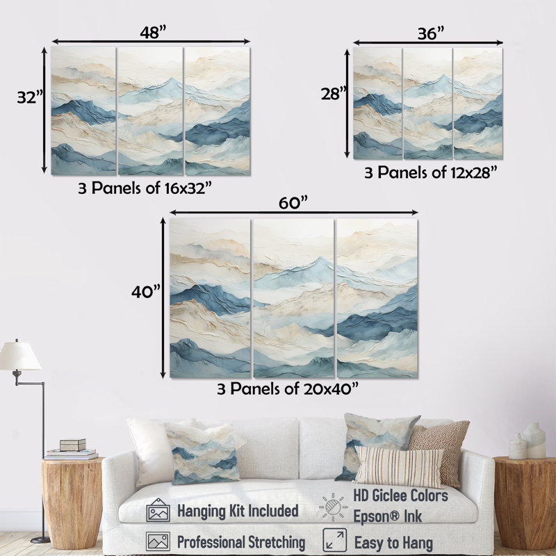 Minimalisme gris et bleu, brise de montagne, H 28 po x l 36 po x P 1 po, Toile tendue