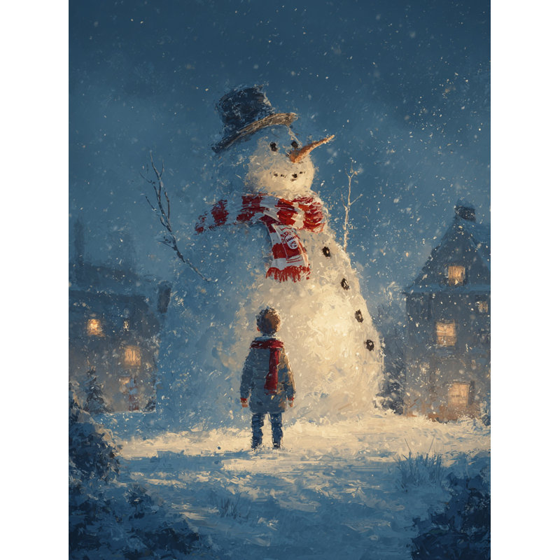 «Child and Snowman Wonder», art mural sur toile tendue, 36 po x 48 po