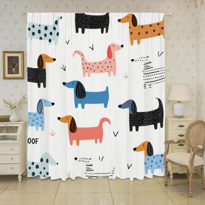 2Pcs Funny Cartoon Dog Pattern Window Curtains, Cute Animal Print for Living Room Bedroom Kitchen, Semi-Sheer Rod Pocket Drapes, Modern Home Decor