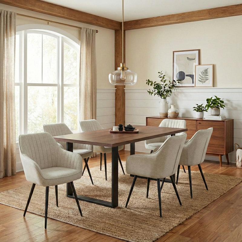 Bhagirath 31.5'' W 6-Person Rectangular Dining Set, Walnut, Beige