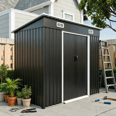 8x4ft Metal Shed, Sliding Door Galvanized Steel Shed With Lock Hole, Air Vents & Threshold, Outdoor Garden Tool Shed(7.84*4.04 Ft)