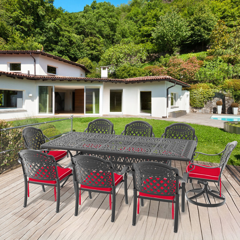 Ensemble de salle à manger rectangulaire pour 8 personnes en aluminium coulé avec 2 chaises pivotantes, coussins et trou pour parasol