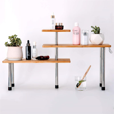 3 Tier Kitchen Corner Shelf Desktop Bamboo Shelving Organiser Spice Storage Rack, Space Saving Organizer Corner Bookshelf For Kitchen, Home, Office With Hooks (Natural)