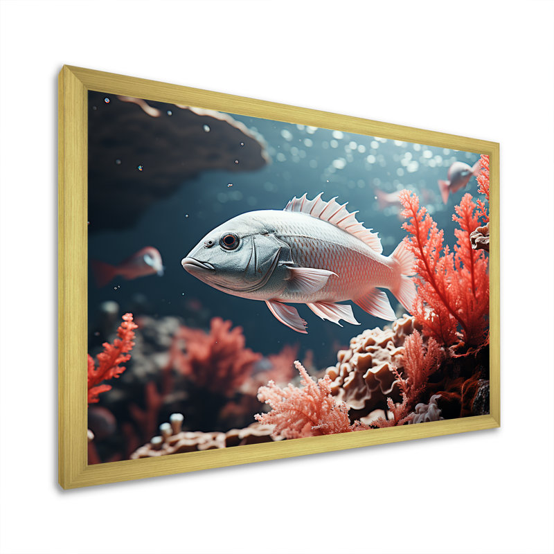 Monochromes coraux et poissons gris dansant sur toile, H 12 po x l 20 po x P 1 po, Cadre doré à coins fermés