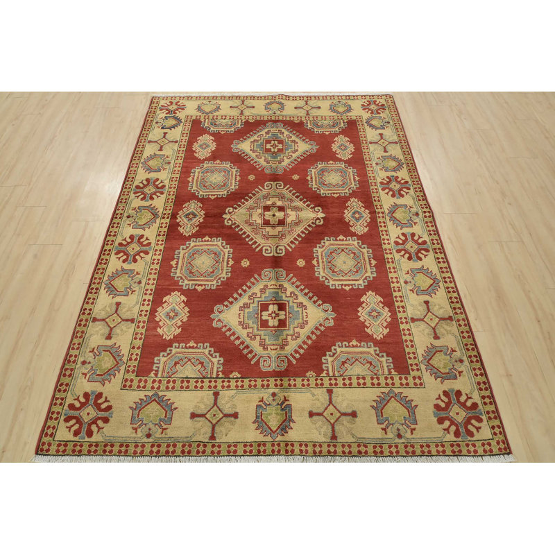 Tapis oriental rouge en laine noué à la main 5 pi 9 po x 7 pi Kazak Kazak