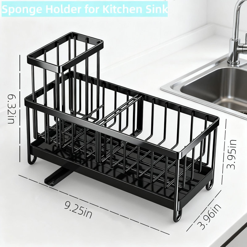 Organisateur de chariot d'évier de cuisine en acier inoxydable avec plateau de vidange automatique, barre à serviettes amovible et rangement pour éponge, distributeur de savon, brosses