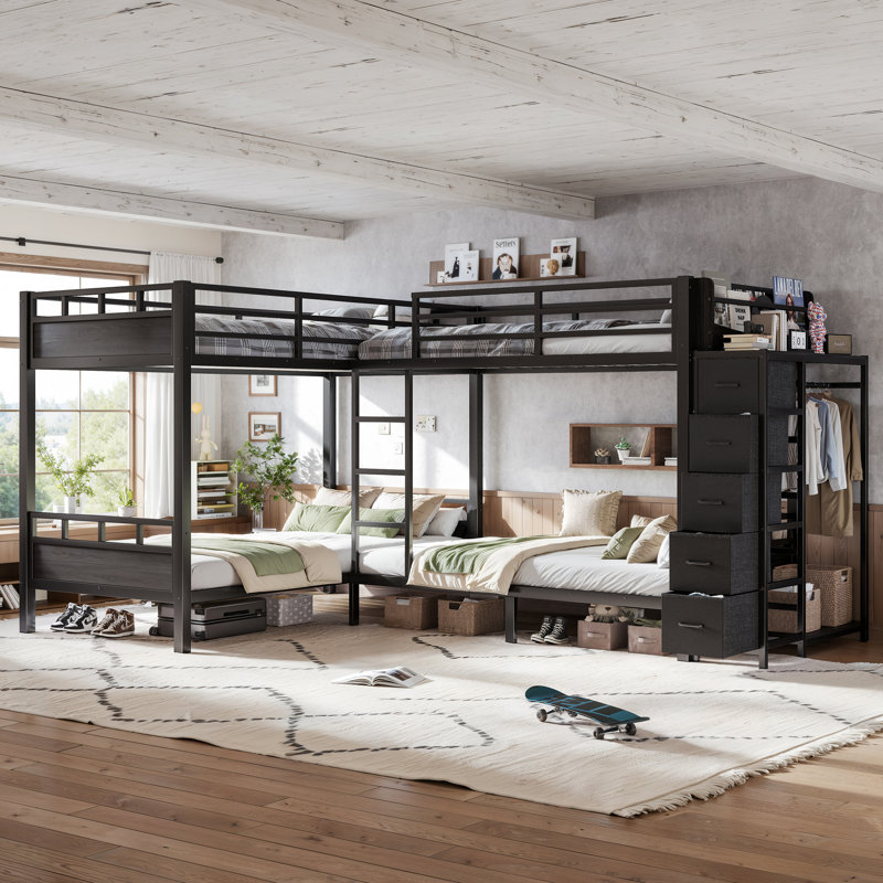 Lit superposé quadruple en métal avec tiroirs de rangement, armoire et étagères, cadre pour 4 lits simples pour chambre d'enfant, blanc