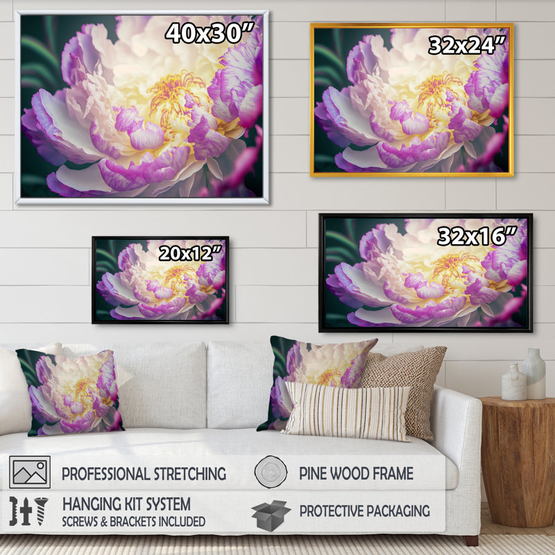 Pivoine rose et blanche au printemps I - reproduction sur toile, L 20 po x H 12 po, Toile à cadre flottant doré