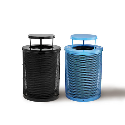 Alpine Industries 36 Gallon Round Diamond Steel Outdoor Trash Can With Rain Bonnet Lid And Insert Liner,