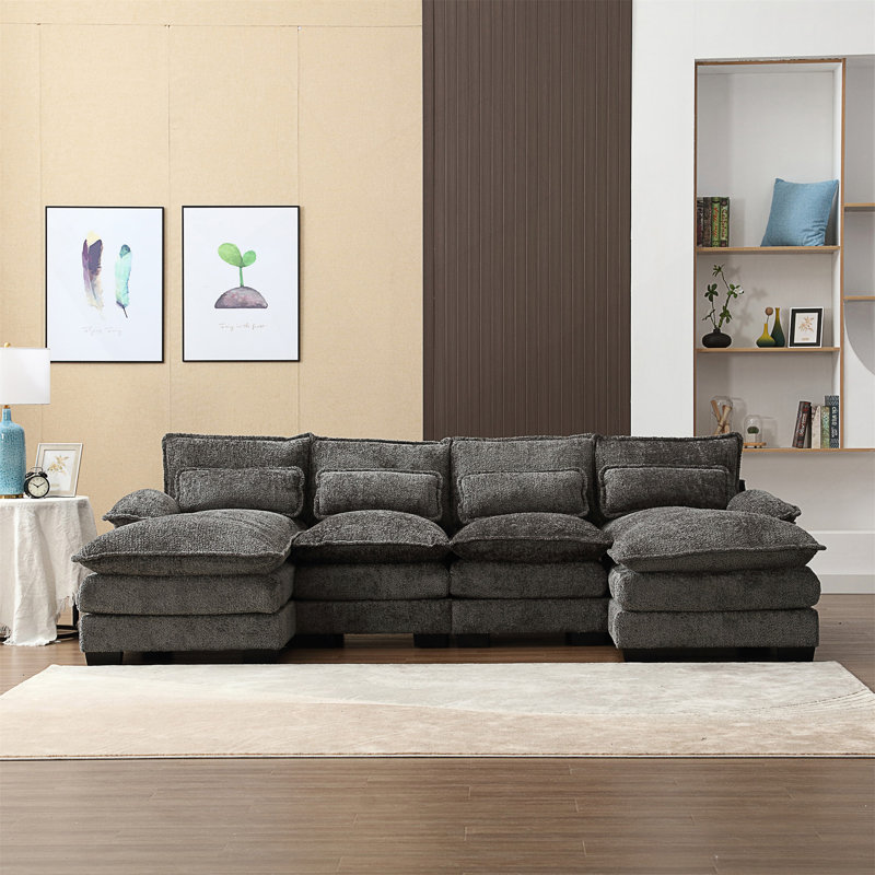 Modern Large Chenille Fabric U-Shape Sectional Sofa, Gray