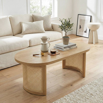 Antowine 48" Oval Solid Oak Wood Coffee Table with Cane Rattan Legs