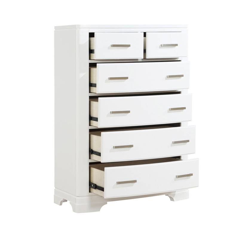 Commode de rangement moderne moderne à finition blanche avec 6 tiroirs à glissières lisses, transitionnel, commode verticale 1 pièce (comprend la commode seulement et non le miroir)