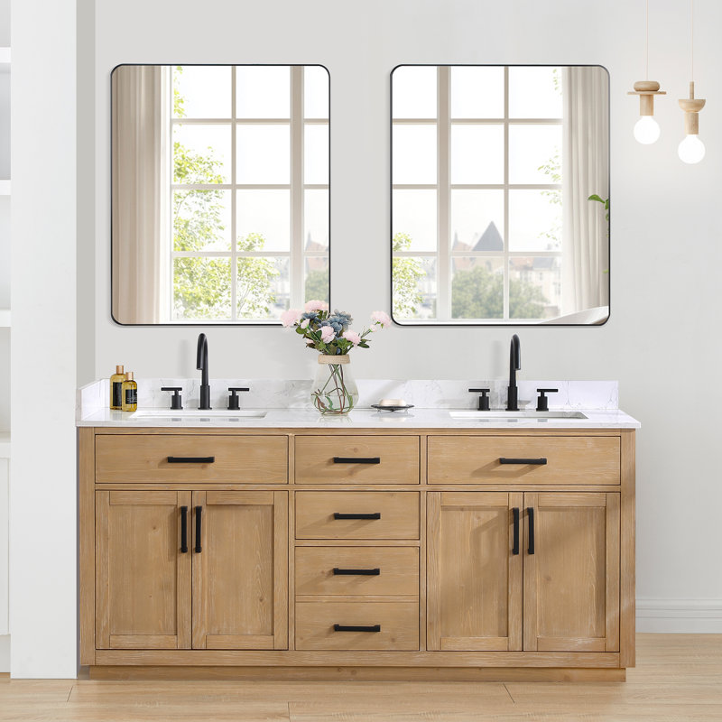 Ensemble de meuble-lavabo double avec miroir Gavino, Marron clair, Noir, 72"
