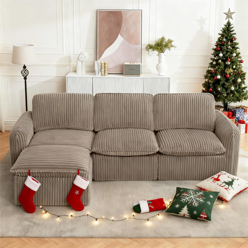 Canapé modulaire avec repose-pieds Boneless, Velours côtelé chameau