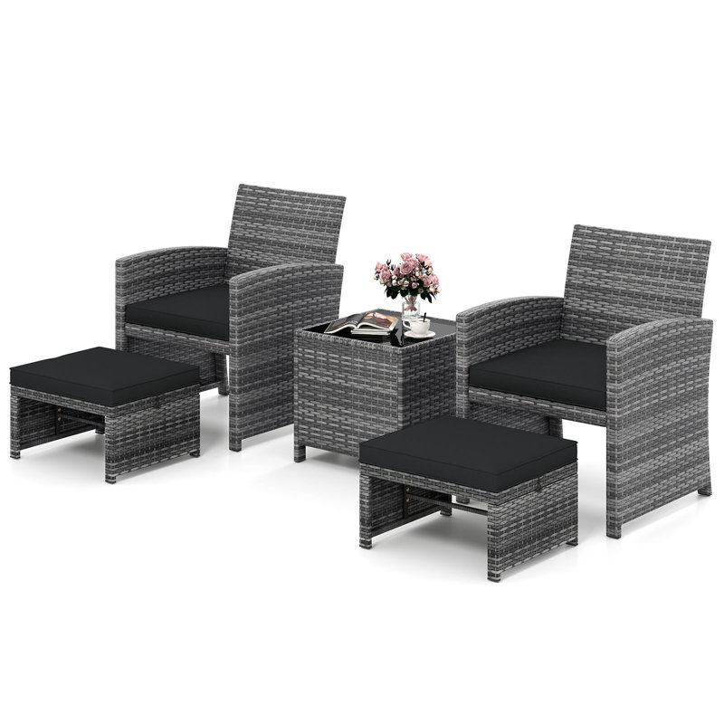 Ensemble de 5 chaises de patio en osier avec 2 repose-pieds d'extérieur, Noir