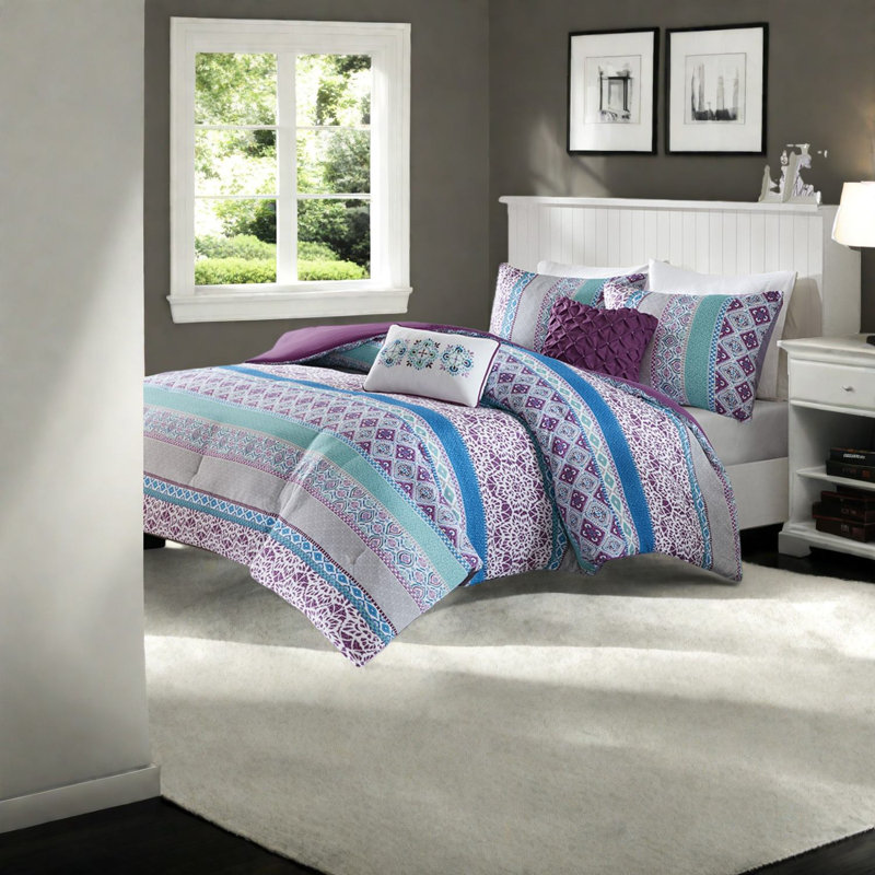 Ensemble de literie Boho avec polyester antimicrobien, édredon mauve et coussins décoratifs