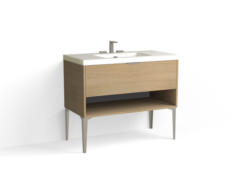 Modo 42" W Freestanding Single Bathroom Vanity with Dean Leg, Matte White/8" Widespread, Nocino, Polished Nickel