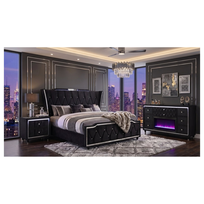 Ensemble de chambre à coucher 3 pièces Provence Black Eastern King comprenant un lit en velours capitonné, une commode à éclairage DEL et une table de chevet.