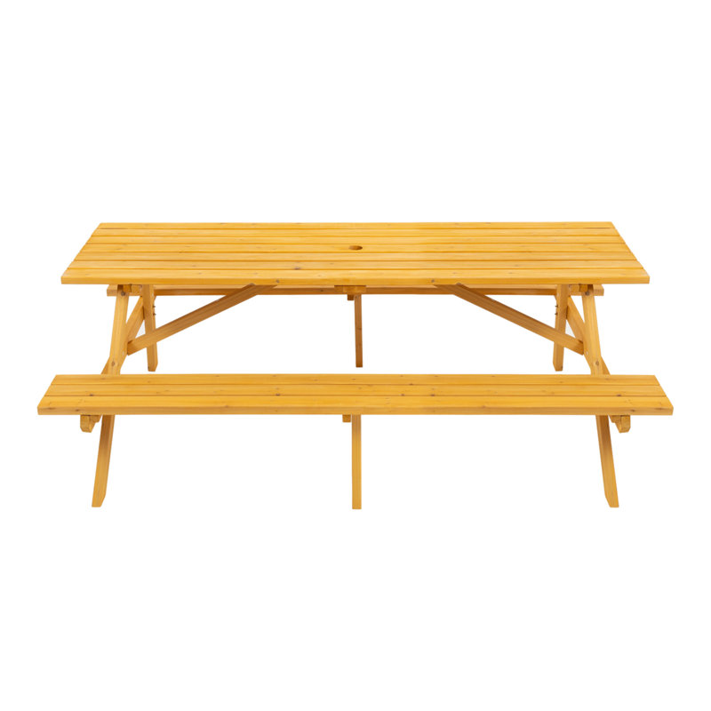 8 Person Brown Wooden Picnic Table, Outdoor Camping Dining Table With 2 Seats, Garden, DIY With 2 Built-In Benches, 2220Lb Capacity