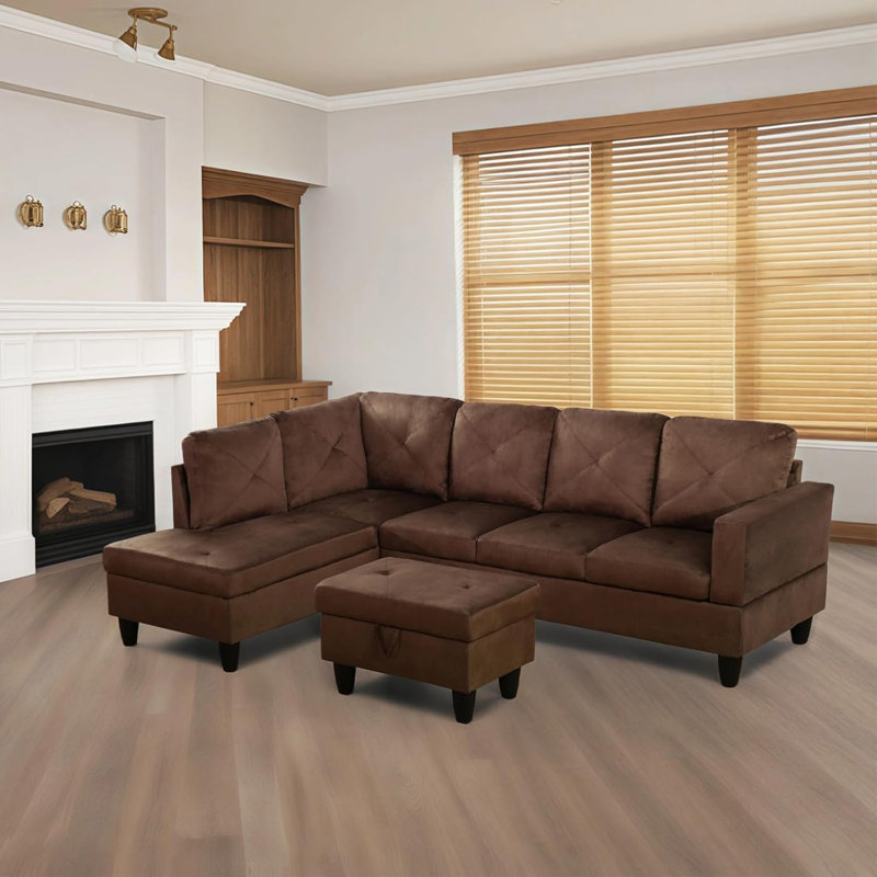 3-piece Microfiber Sectional Sofa, Left Hand Facing, Brown Microfiber