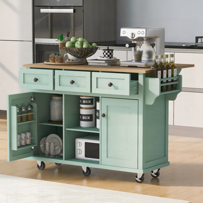 Chariot de cuisine avec comptoir à abattants en bois d'hévéa, supports de rangement internes pour porte d'armoire, îlot de cuisine sur 5 roulettes avec armoire de rangement et 3 tiroirs pour la salle à manger