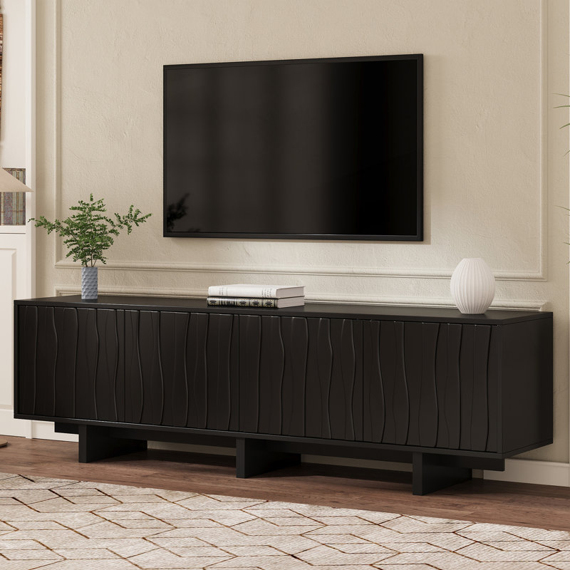 Meuble télé rétro à grain de bois avec porte ondulée pour téléviseur de 75 po ou moins, console média rustique avec amplement d'espace de rangement et base robuste