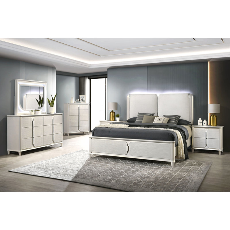 Grand lit lava gris clair bouclé et blanc perle avec lumières DEL Laveda