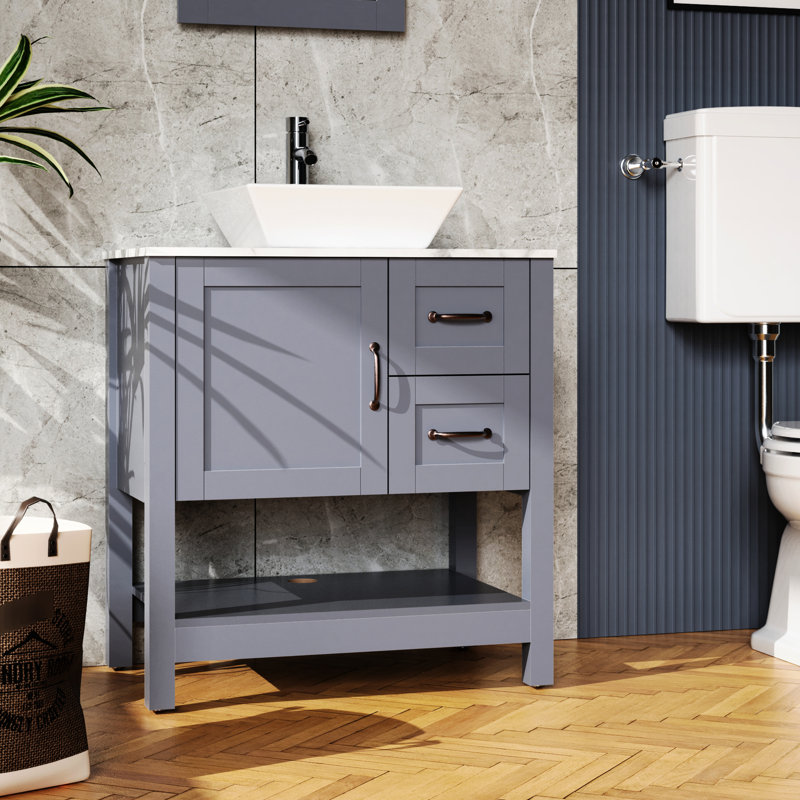 Meuble-lavabo gris 30 po avec comptoir - Poignée bronze chic, grattoir, incassable, résistant à l'huile, teint, comptoir en marbre bleu foncé, teinte