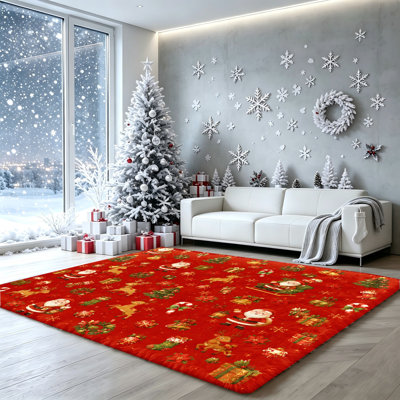 Christmas Santa Claus Reindeer Snowflakes Pattern Area Rug, Festive Holiday Indoor Floor Decor, Non-Slip Washable Plush Rug for Living Room, Bedroom, Holiday Decoration