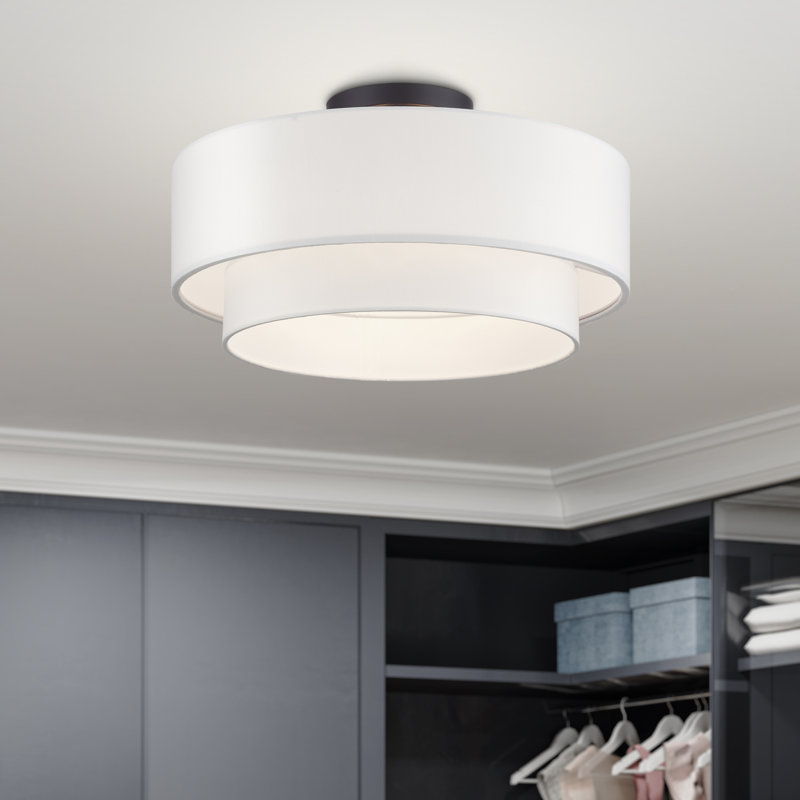 3 Light Soft Gold Large Semi-Flush With Hand Crafted Off-White Color Fabric Hardback Shades, Bronze