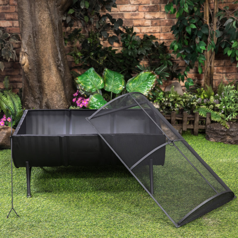 Black Rectangular Steel Wood-Burning Fire Pit with Grill
