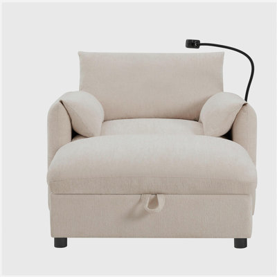 37" Single Sofa with Storage Ottoman, Adjustable Phone Holder, Dual-Port Charger, Storage Pockets, Elephant Ear Armrest, Comfy Chenille Armchair, Modern Cloud Chaise Lounge for Living Room&Apartment