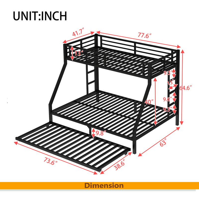 Metal Bunk Bed With Trundle, Black, Twin XL Over Queen