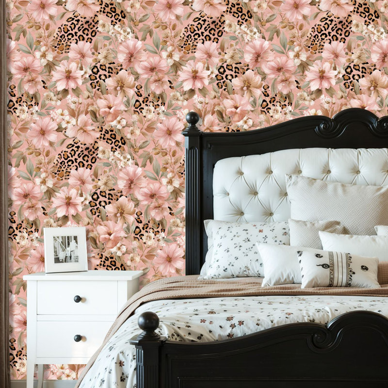 Papier peint adhésif peler et coller en PVC, revêtement mural auto-adhésif amovible avec toile de léopard bohème, impression de décoration botanique rose doux, imperméable pour la décoration intérieure - rouleau