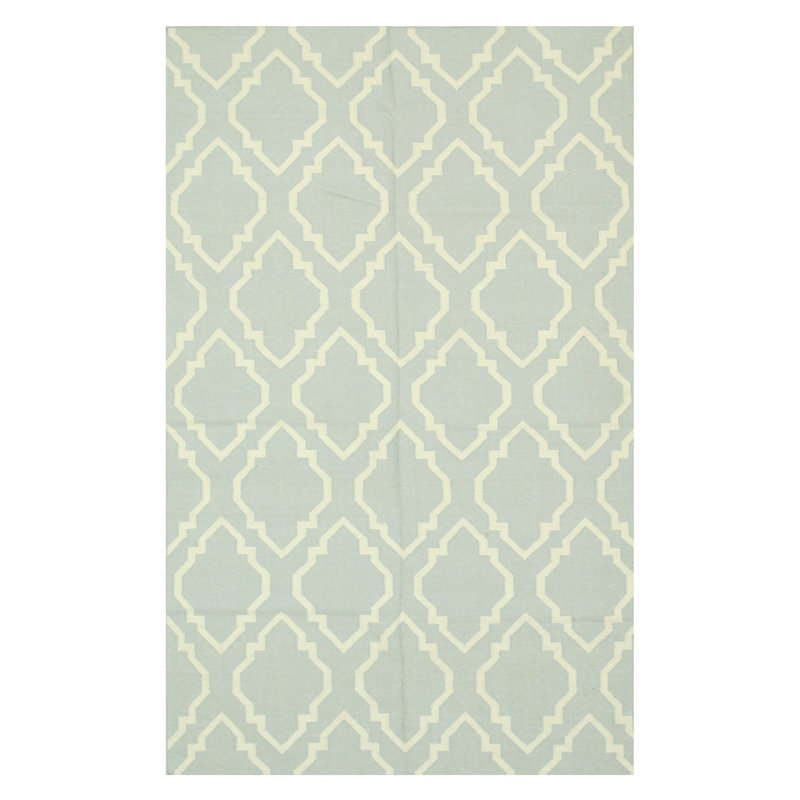 Tapis géométrique transitionnel en laine tissé à plat bleu Durrant, Rectangle de 5 pi x 8 pi