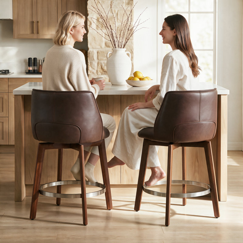 Ensemble de tabourets de bar modernes de hauteur comptoir de 3, 26 po avec tabourets pivotants en bois massif et tabourets de comptoir en similicuir café pour îlot de cuisine