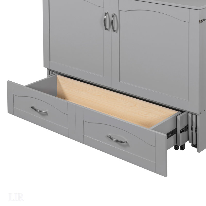 Lit escamotable double pleine grandeur avec tiroir et douilles, conception à poulie pour un fonctionnement en douceur, Gris
