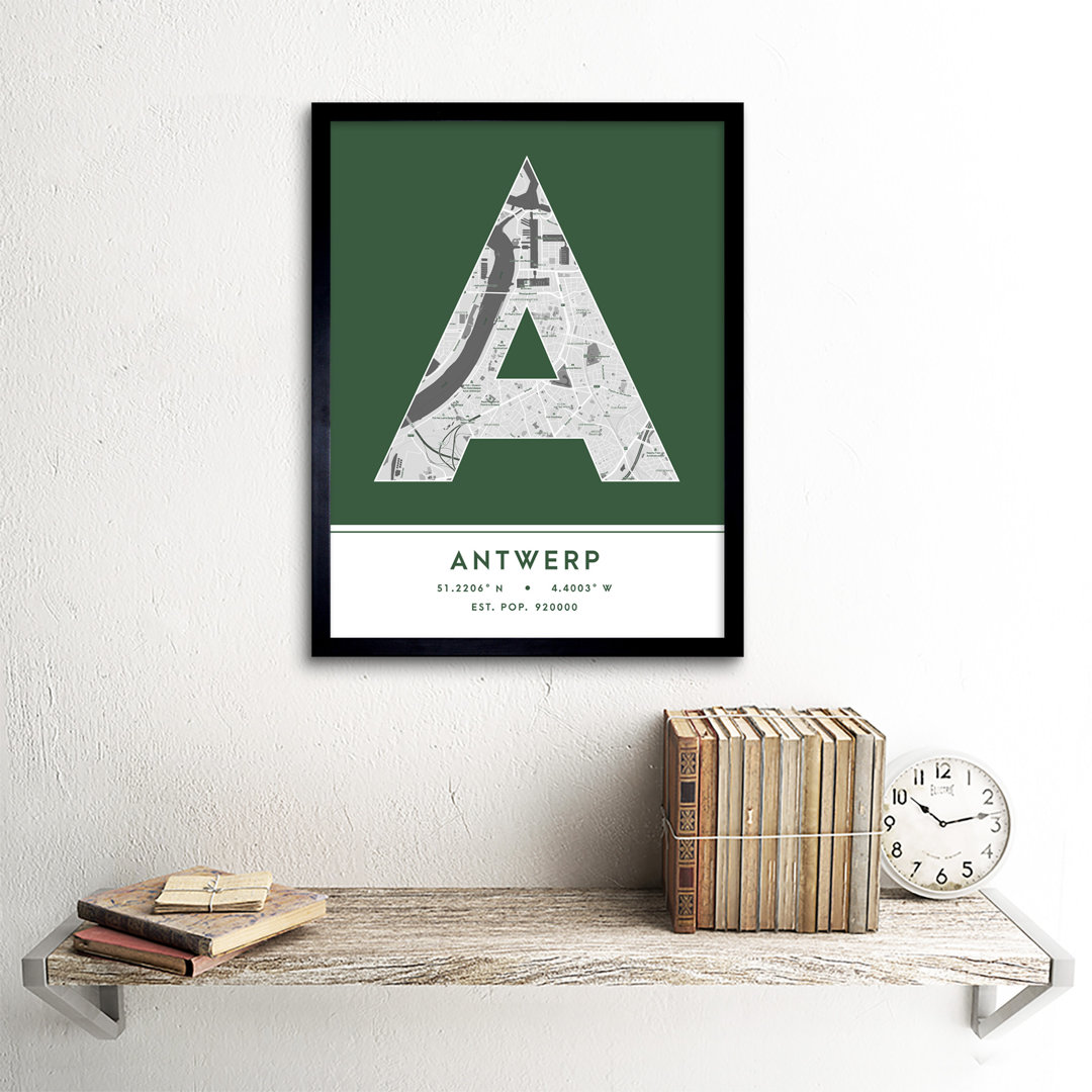 Antwerp City Map Antwerp Green by Wee Blue Coo - Single Picture Frame Typography