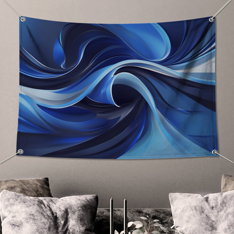Tapisserie murale «Blue Abstract Waves» - Décoration murale abstraite, 68in H x80in W with 4 Grommets